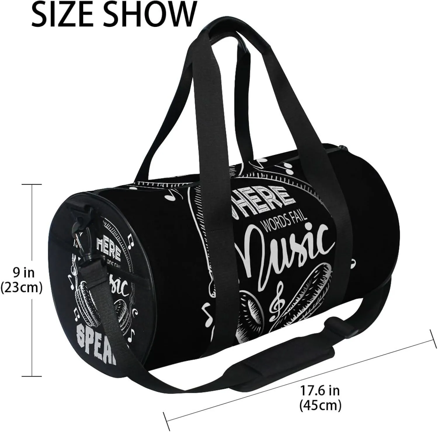 Music Notes Earphone with Where Words Fail, Music Speaks on Black Portable Gym Bag, Travel Bag, Luggage bag, Sports Bag, Toiletry Bag with Handles, Detachable Shoulder Strap 17.6 x 9 x 9 inch