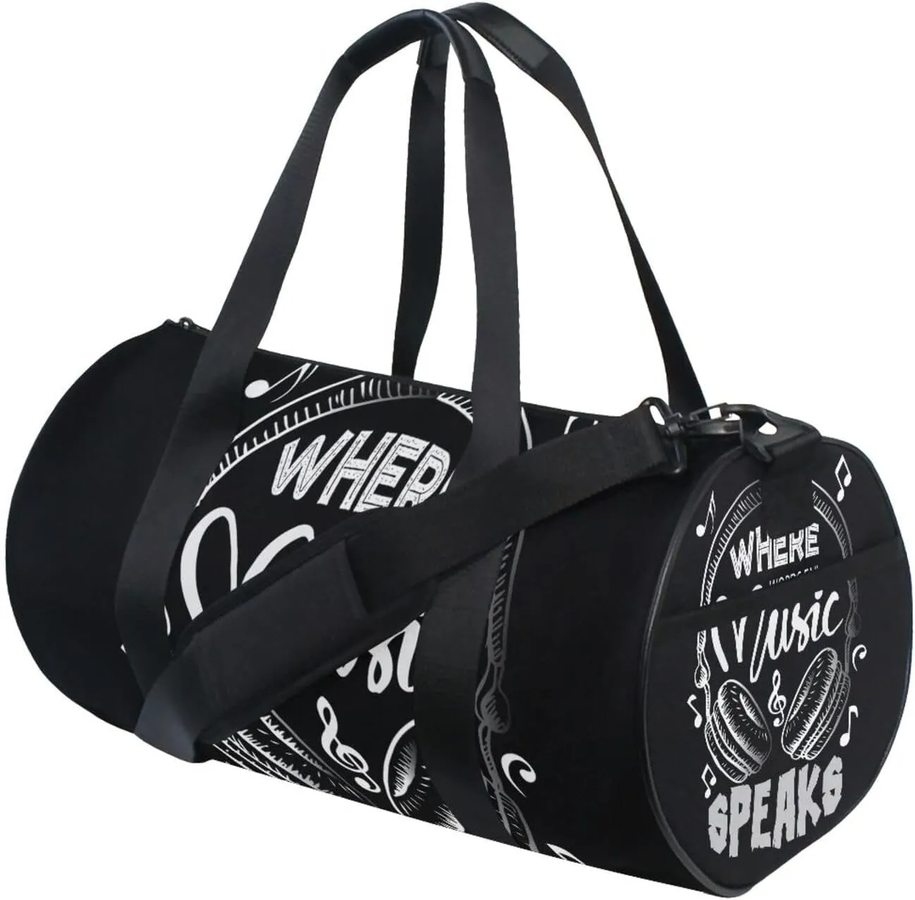 Music Notes Earphone with Where Words Fail, Music Speaks on Black Portable Gym Bag, Travel Bag, Luggage bag, Sports Bag, Toiletry Bag with Handles, Detachable Shoulder Strap 17.6 x 9 x 9 inch