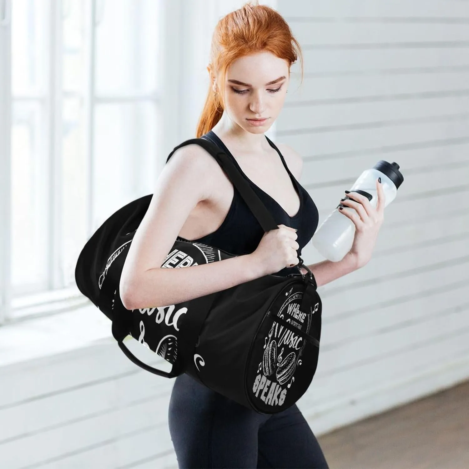 Music Notes Earphone with Where Words Fail, Music Speaks on Black Portable Gym Bag, Travel Bag, Luggage bag, Sports Bag, Toiletry Bag with Handles, Detachable Shoulder Strap 17.6 x 9 x 9 inch