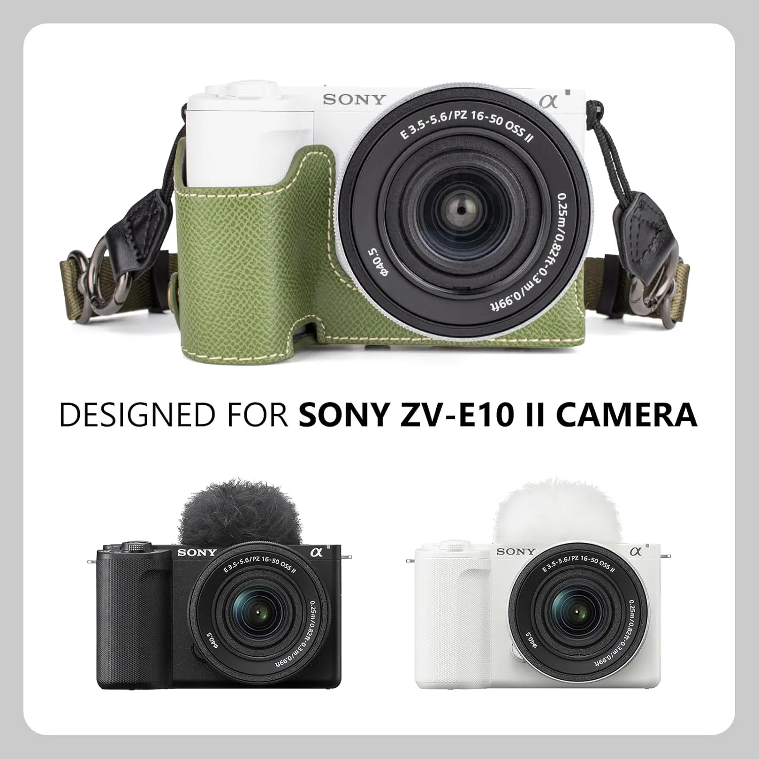 MUZIRI KINOKOO Camera Case for Sony ZV-E10 II, PU Leather Protective Case for Sony Alpha ZV-E10 II/ZVE10 II Camera with 16-50mm Lens - Removable Case with Shoulder Strap & Storage Pocket -Green