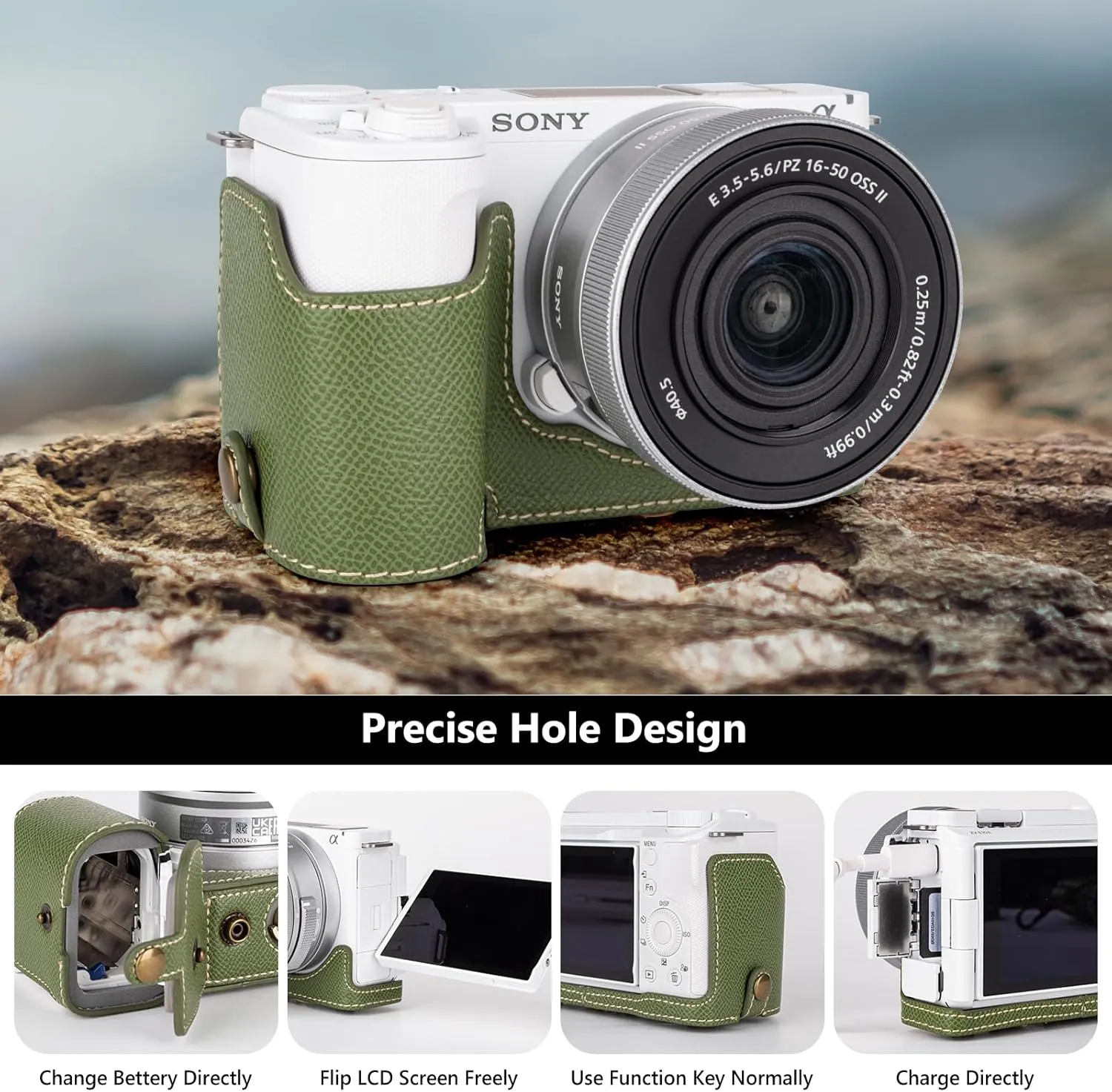 MUZIRI KINOKOO Camera Case for Sony ZV-E10 II, PU Leather Protective Case for Sony Alpha ZV-E10 II/ZVE10 II Camera with 16-50mm Lens - Removable Case with Shoulder Strap & Storage Pocket -Green