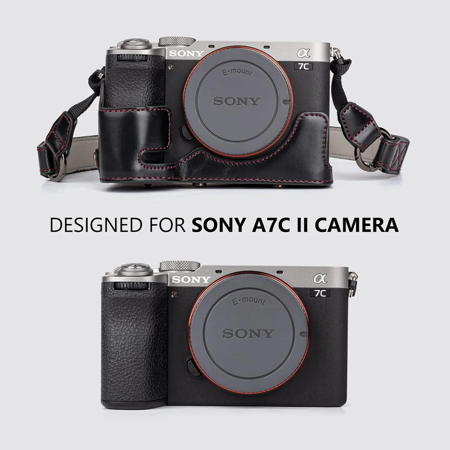MUZIRI KINOKOO Sony A7C II Case, Retro PU Leather Protective Case for Sony A7C2/A7C II/Alpha 7C II Camera - A7C II Camera Case Bag Cover with Bottom Opening & Shoulder Strap & Storage Pocket, Black,