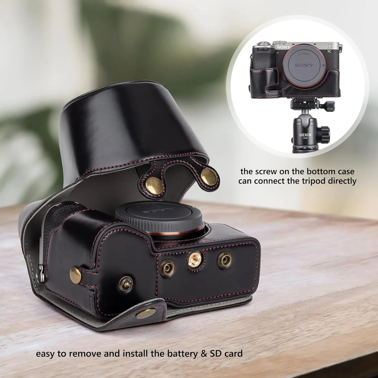 MUZIRI KINOKOO Sony A7C II Case, Retro PU Leather Protective Case for Sony A7C2/A7C II/Alpha 7C II Camera - A7C II Camera Case Bag Cover with Bottom Opening & Shoulder Strap & Storage Pocket, Black,