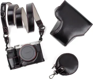 MUZIRI KINOKOO Sony A7C II Case, Retro PU Leather Protective Case for Sony A7C2/A7C II/Alpha 7C II Camera - A7C II Camera Case Bag Cover with Bottom Opening & Shoulder Strap & Storage Pocket, Black,