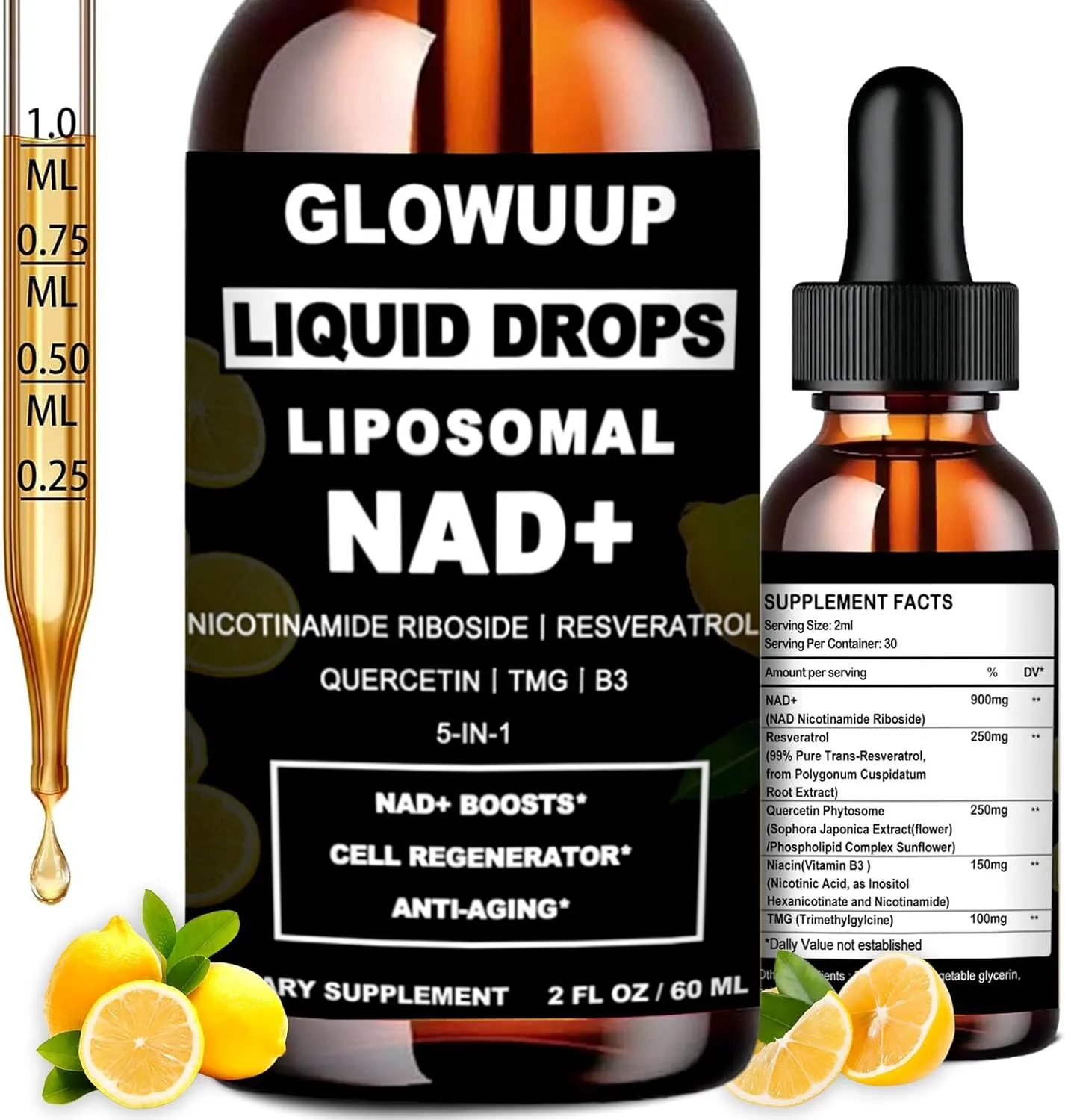 NAD Supplements For Women & Men, Liposomal NAD Nicotinamide Riboside Resveratrol 900mg w. B3 Vitamin, Quercetin, TMG, Liquid Resveratrol NAD Plus Supplement for Anti-Aging Energy Focus Longevity