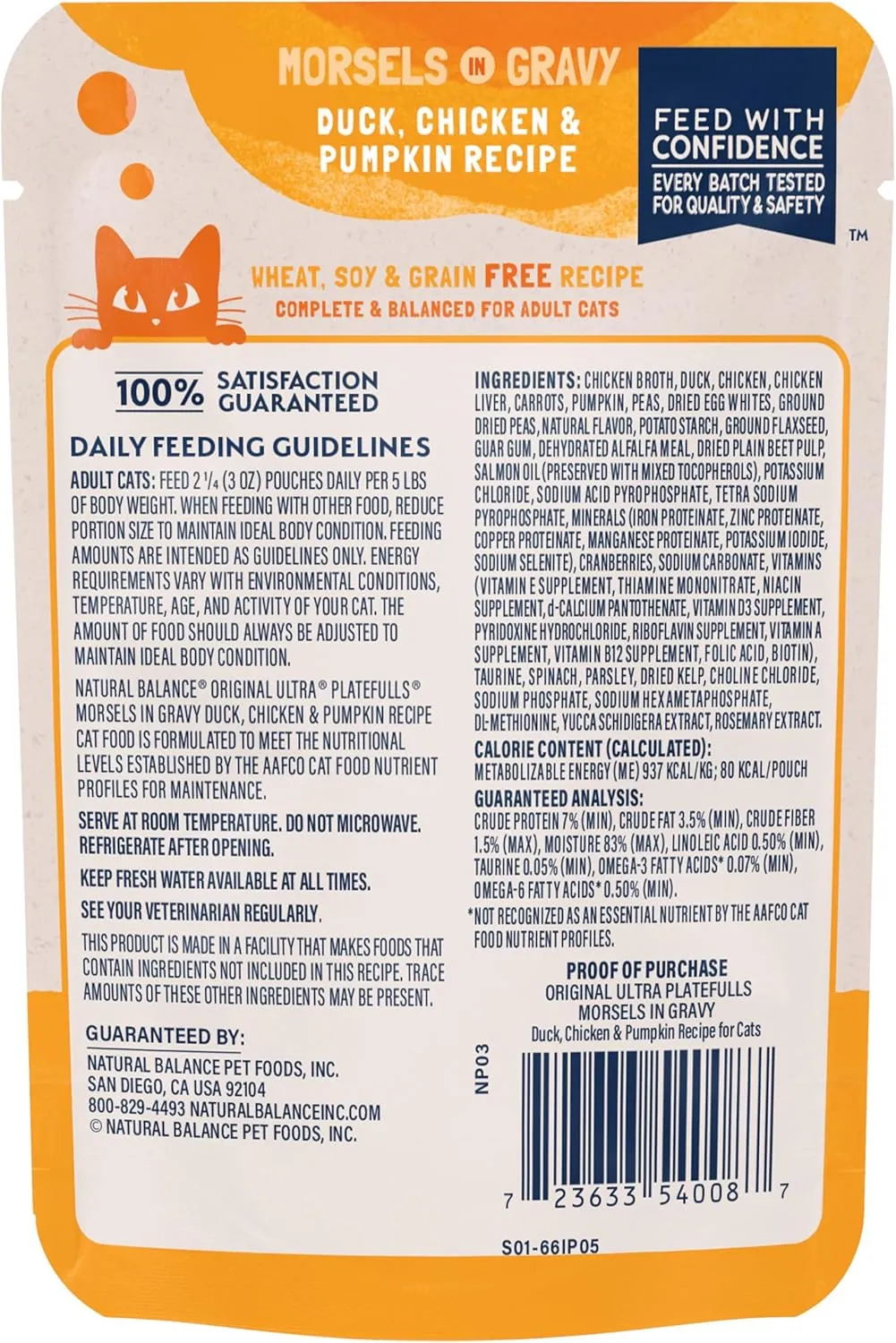 Natural Balance Original Ultra Platefulls Indoor Adult Grain Free Wet Cat Food, Duck, Chicken & Pumpkin Recipe, 3 Ounce Pouch (Pack of 24)