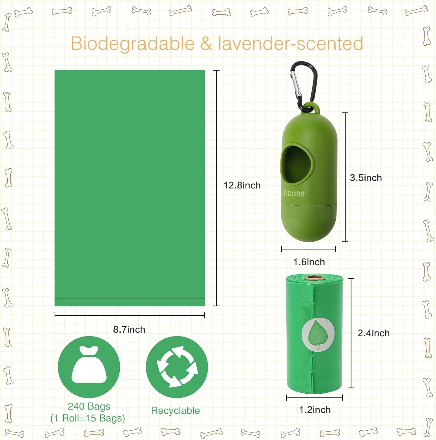 Natural Degradation Dog Poop Bags with Dispenser Holder, Ledorr Leak-Proof Tear-Resistant Fragrant Pet Doggie Puppy Cat Waste Bags for Outdoor Walking Travel Refuse Cleanup, 240 Bags