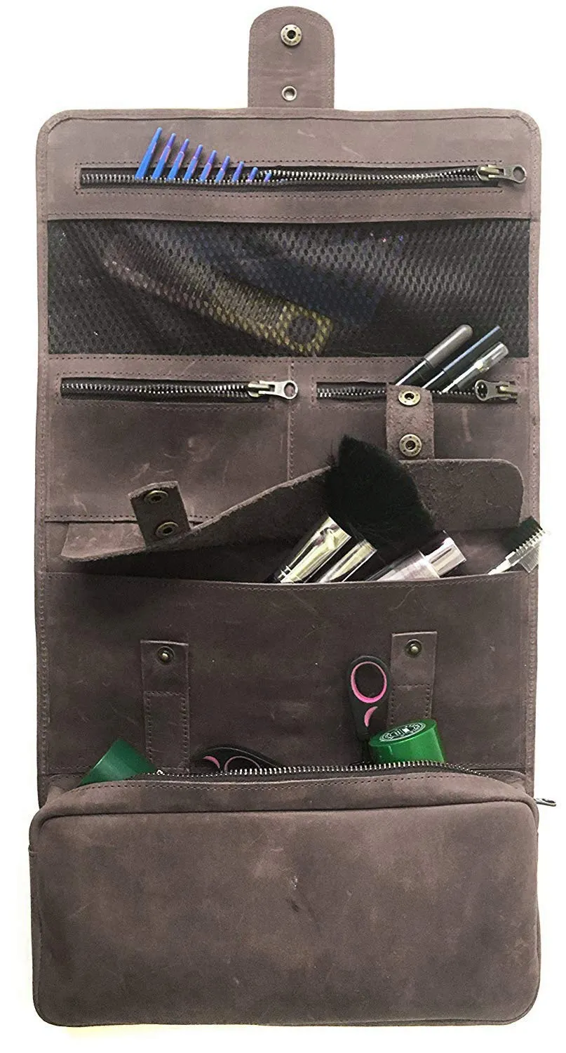 Natural Leather Dropp Kit Toiletry Hanging Wash Bag - Ideal as Wash Bag/Men's Shaving Kit/Make up Bag/Travel Organizer (BROWN)
