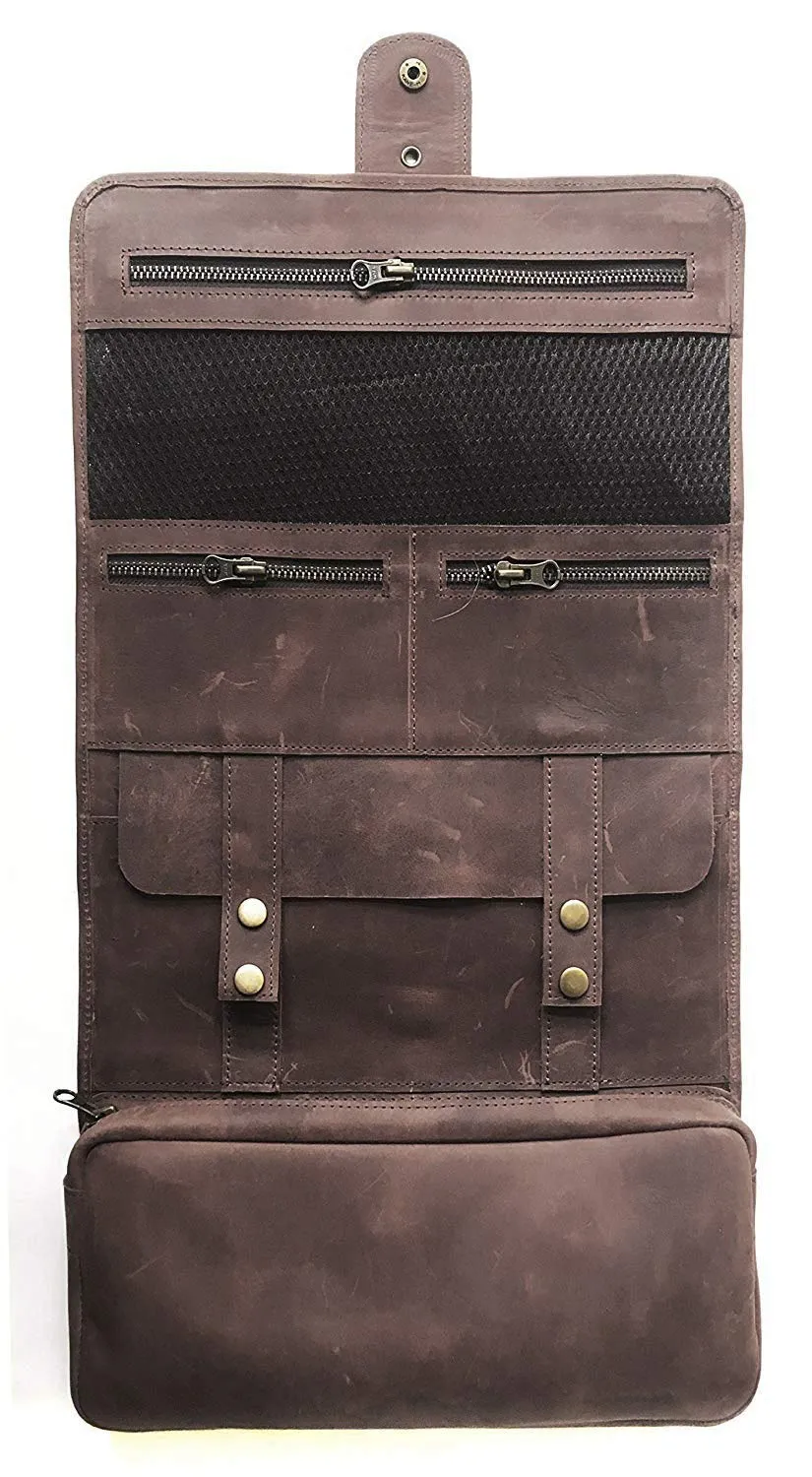 Natural Leather Dropp Kit Toiletry Hanging Wash Bag - Ideal as Wash Bag/Men's Shaving Kit/Make up Bag/Travel Organizer (BROWN)