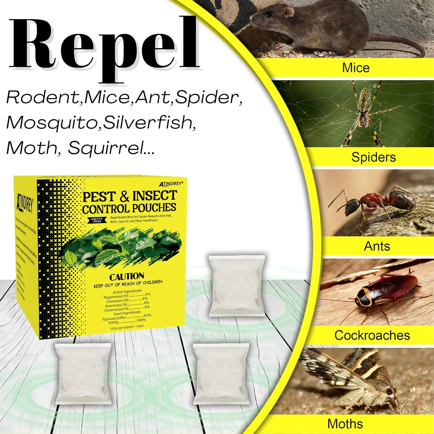 Natural Peppermint Spider Repellent Indoor Pet Safe & Ant Control Pouches - Fresh Mint Scent, Rodent Repellent for Car Engine, Home Storage, Safe for Kids and Pets(12 PCS)