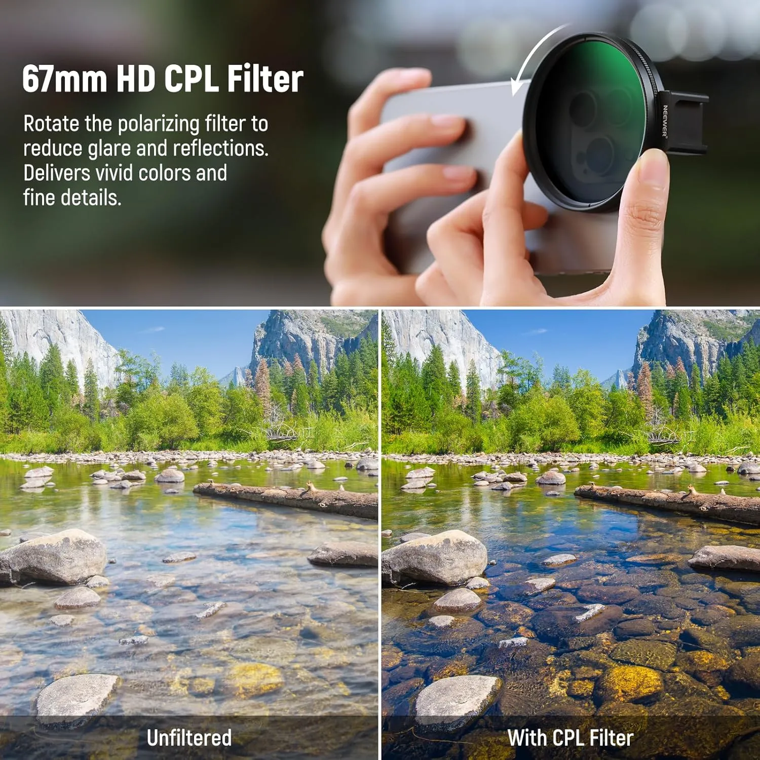 NEEWER CPL Filter for Phone, 67mm Camera Lens Polarizing Filter with Metal Cold Shoe Phone Clip Compatible with iPhone 16 15 Pro Max Plus 14 13 Pro Max Mini 12 11 X XS Max Samsung Galaxy, FL-27