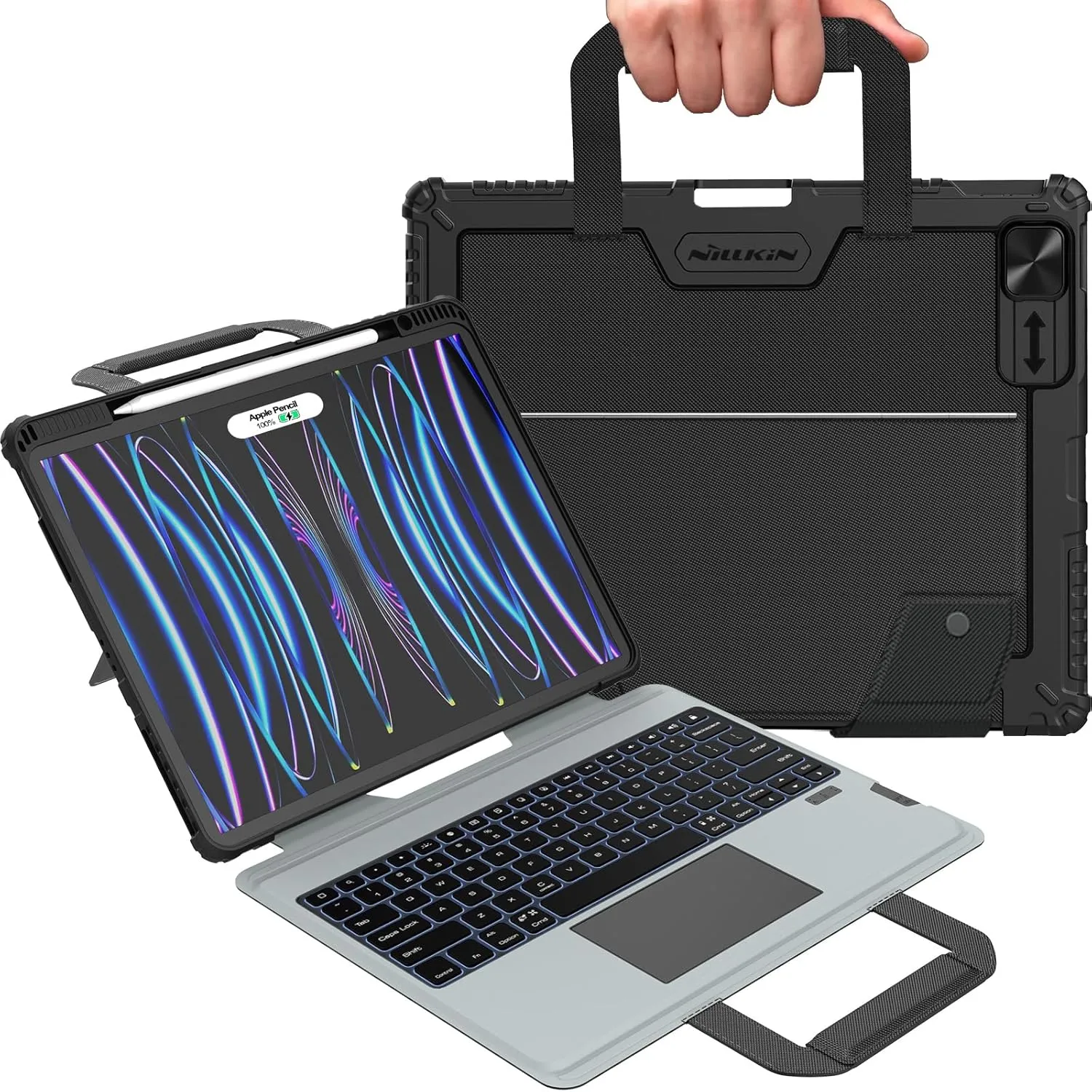 Nillkin iPad Air 13 inch Case Keyboard with Carry Handle, iPad Pro 12.9 Case with Keyboard (6th/5th/4th/3rd Generation), Pencil Holder, 7 Colors Backlit Keyboard, Magic Trackpad, Camera Cover, Black