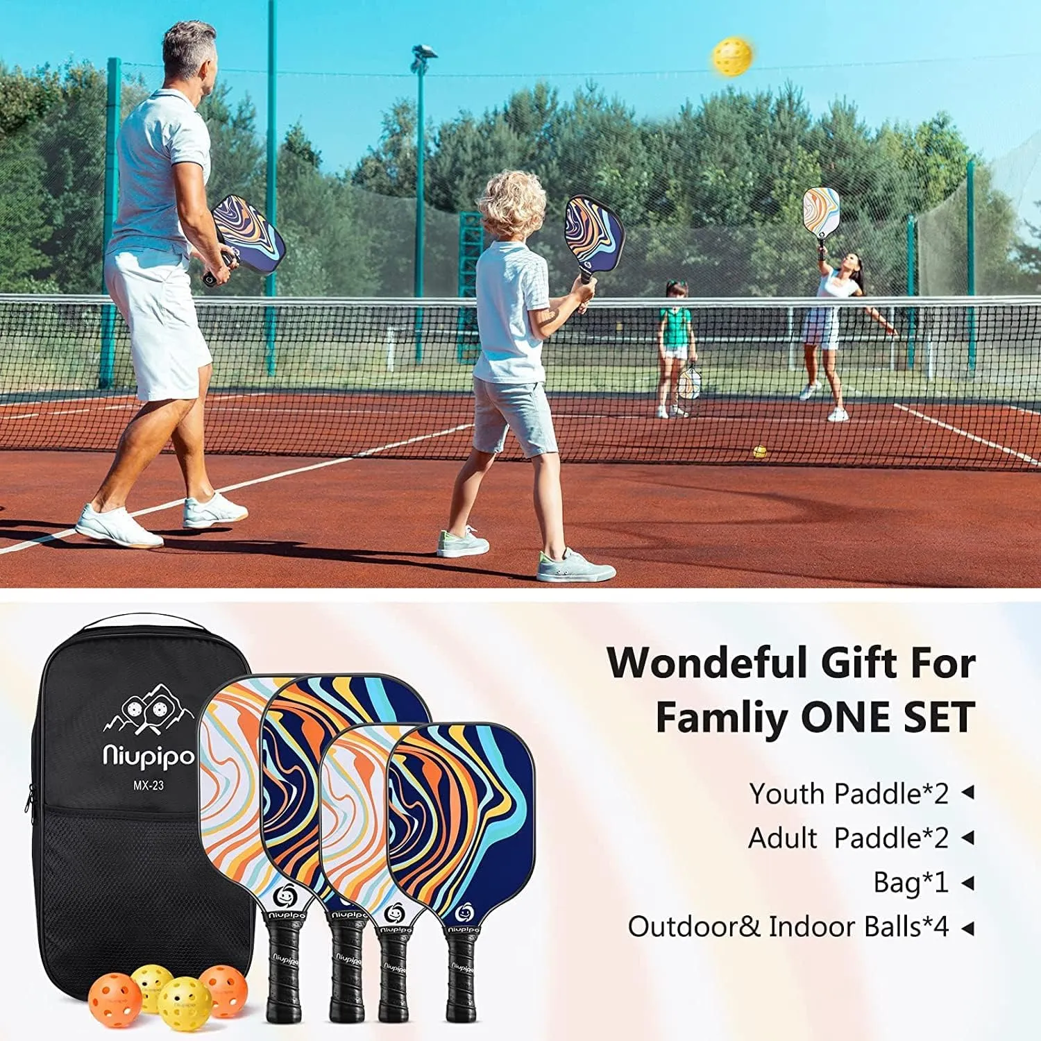 niupipo Pickleball Paddles Set of 2/4, USAPA Approved Fiberglass Surface, Polypropylene Honeycomb Core, Cushion Grip, Lightweight Pickleball Rackets with 2 Indoor and 2 Outdoor Balls, Portable Bag