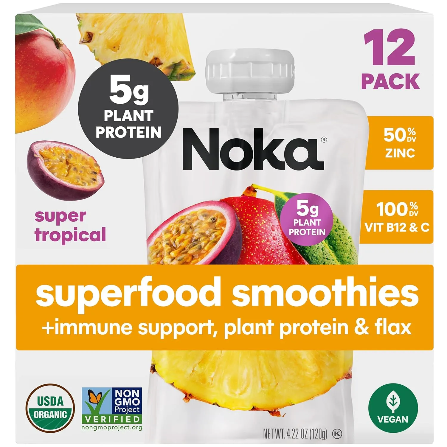 Noka Superfood Fruit Smoothie Pouches, Super Tropical with Immune Support, Healthy Snacks with Elderberry, Vitamin C, Flax Seed and Plant Protein, Vegan, Gluten Free, Organic Fruit Squeeze Pouch, 4.22 oz, 12 Count