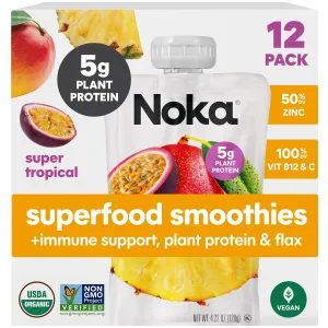 Noka Superfood Fruit Smoothie Pouches, Super Tropical with Immune Support, Healthy Snacks with Elderberry, Vitamin C, Flax Seed and Plant Protein, Vegan, Gluten Free, Organic Fruit Squeeze Pouch, 4.22 oz, 12 Count