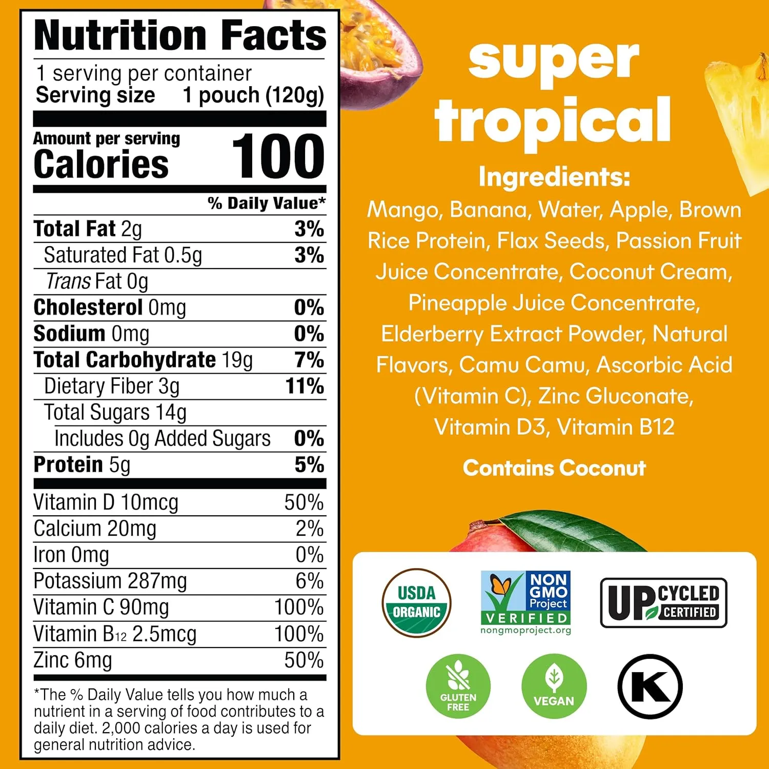 Noka Superfood Fruit Smoothie Pouches, Super Tropical with Immune Support, Healthy Snacks with Elderberry, Vitamin C, Flax Seed and Plant Protein, Vegan, Gluten Free, Organic Fruit Squeeze Pouch, 4.22 oz, 12 Count