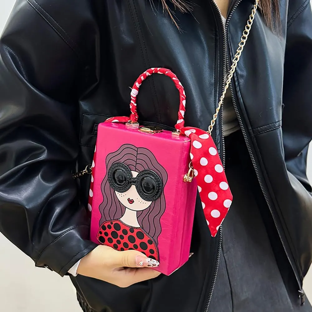 Novelty Unique 3D Lady Face Box Shaped Handbag, PU Leather Top Handle Shoulder Bag, Funky Fashion Crossbody Satchel Purse