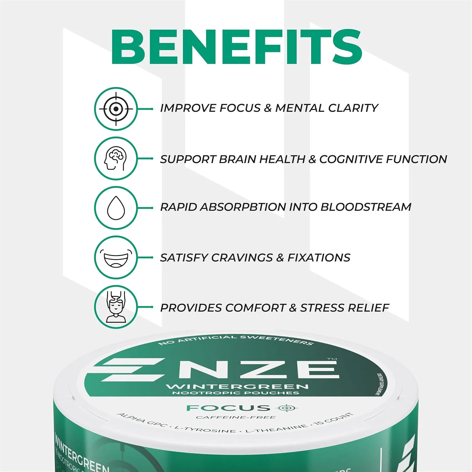NZE Caffeine Free Nootropic Pouches (Wintergreen) - Nootropic Pouches with Alpha GPC, L-Tyrosine & L-Theanine - No Sugar or Artificial Sweeteners - 15 Nicotine Free Pouches Per Can - 5 Pack