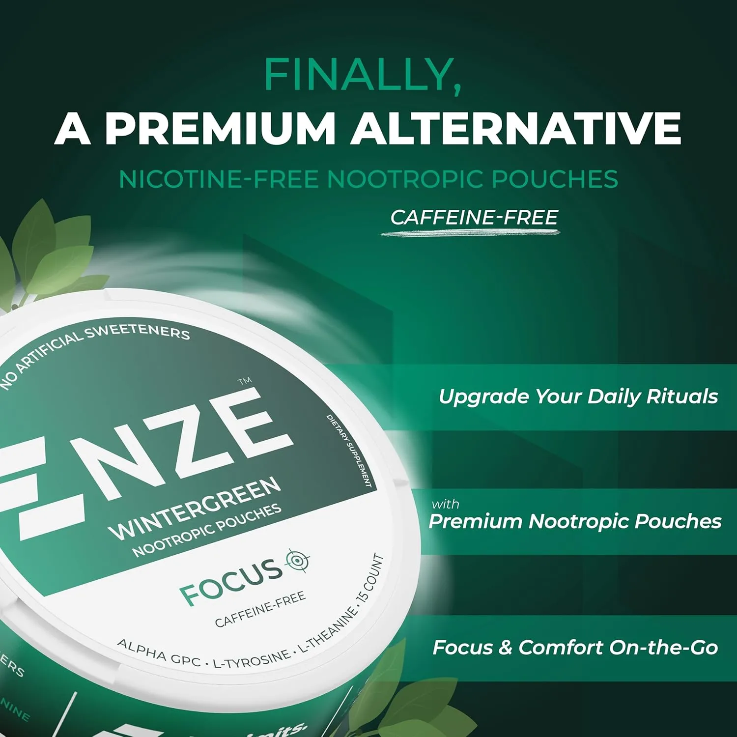 NZE Caffeine Free Nootropic Pouches (Wintergreen) - Nootropic Pouches with Alpha GPC, L-Tyrosine & L-Theanine - No Sugar or Artificial Sweeteners - 15 Nicotine Free Pouches Per Can - 5 Pack