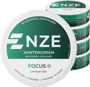 NZE Caffeine Free Nootropic Pouches (Wintergreen) - Nootropic Pouches with Alpha GPC, L-Tyrosine & L-Theanine - No Sugar or Artificial Sweeteners - 15 Nicotine Free Pouches Per Can - 5 Pack