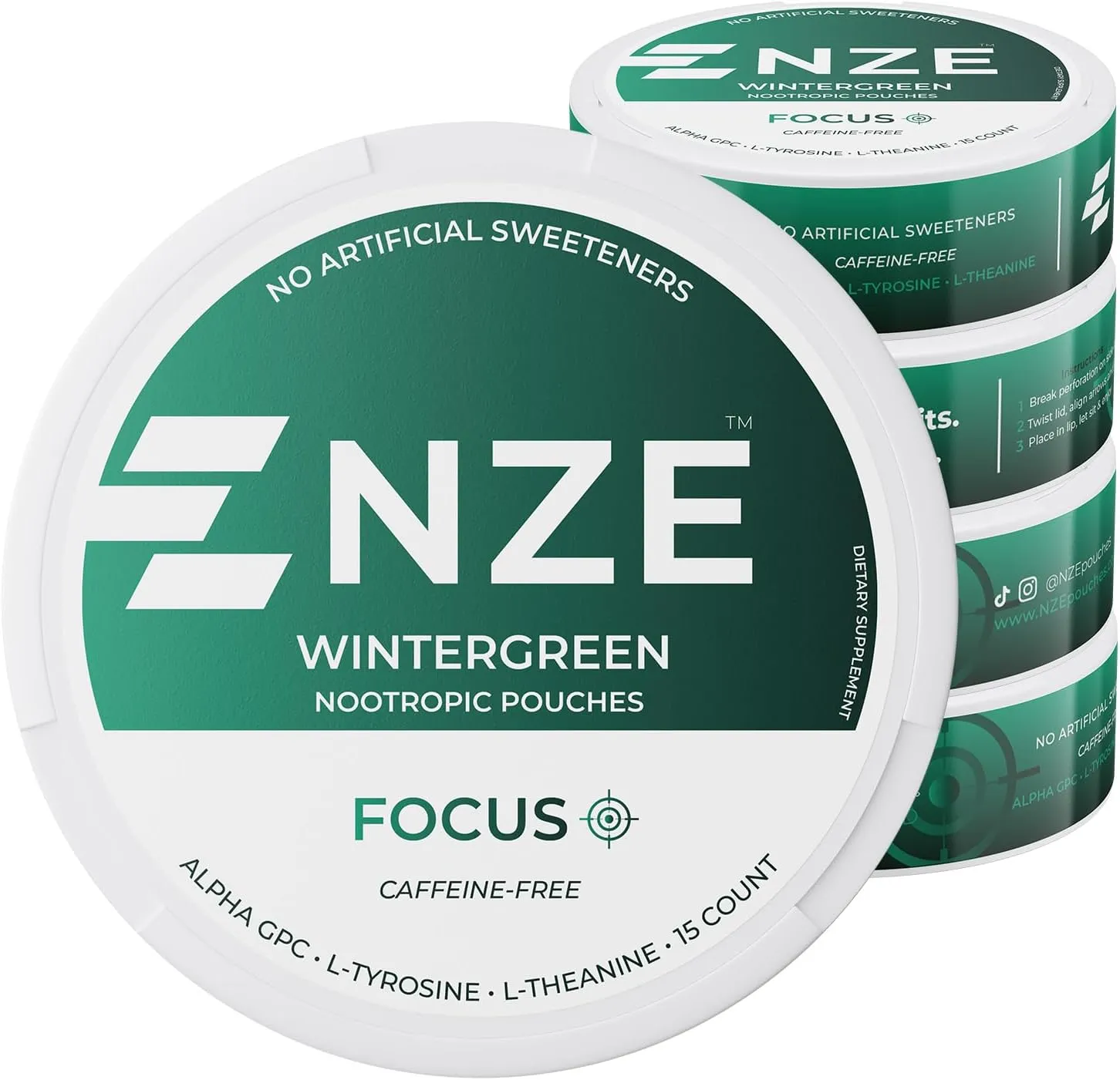 NZE Caffeine Free Nootropic Pouches (Wintergreen) - Nootropic Pouches with Alpha GPC, L-Tyrosine & L-Theanine - No Sugar or Artificial Sweeteners - 15 Nicotine Free Pouches Per Can - 5 Pack