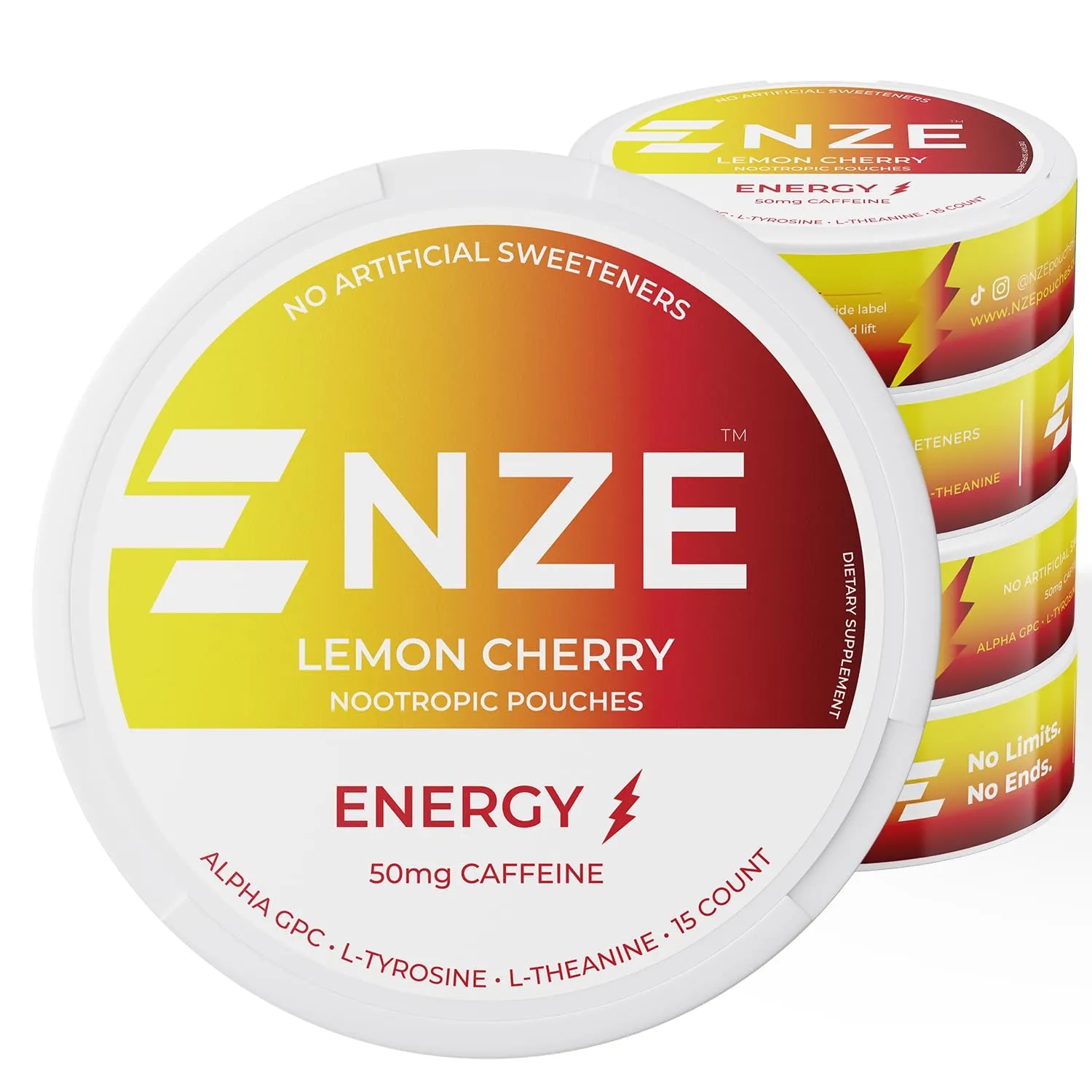 NZE Caffeine Nootropic Pouches (Lemon Cherry) - Nootropic Energy Pouches with 50mg Caffeine, Alpha GPC, L-Tyrosine & L-Theanine No Sugar or Artificial Sweeteners - Nicotine Free Pouches (5-Pack)