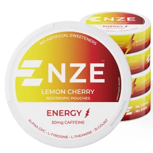 NZE Caffeine Nootropic Pouches (Lemon Cherry) - Nootropic Energy Pouches with 50mg Caffeine, Alpha GPC, L-Tyrosine & L-Theanine No Sugar or Artificial Sweeteners - Nicotine Free Pouches (5-Pack)