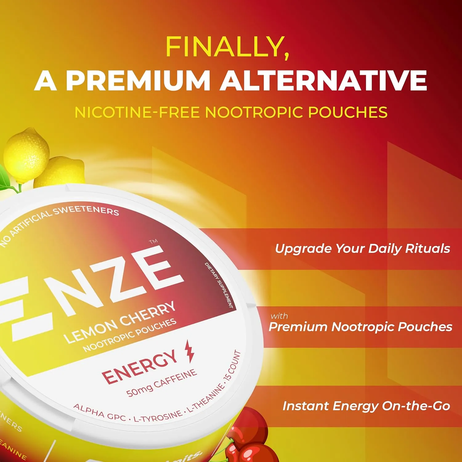 NZE Caffeine Nootropic Pouches (Lemon Cherry) - Nootropic Energy Pouches with 50mg Caffeine, Alpha GPC, L-Tyrosine & L-Theanine No Sugar or Artificial Sweeteners - Nicotine Free Pouches (5-Pack)