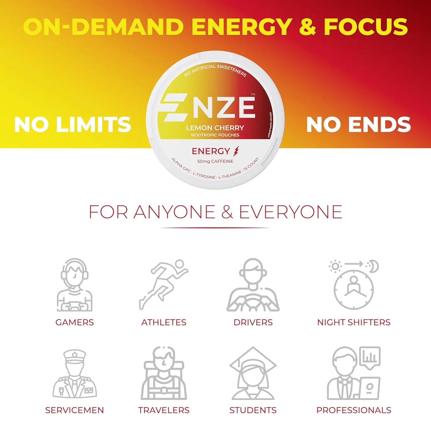 NZE Caffeine Nootropic Pouches (Lemon Cherry) - Nootropic Energy Pouches with 50mg Caffeine, Alpha GPC, L-Tyrosine & L-Theanine No Sugar or Artificial Sweeteners - Nicotine Free Pouches (5-Pack)