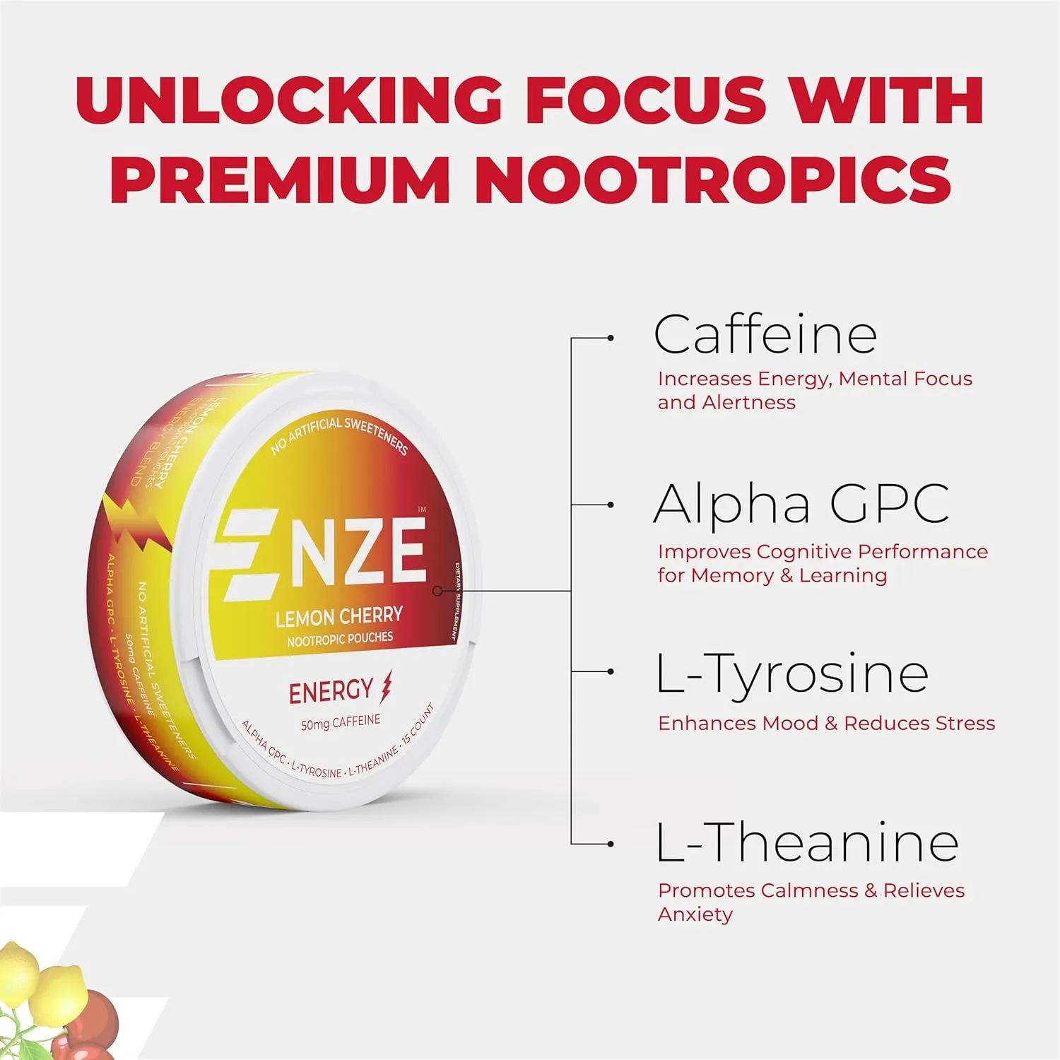 NZE Caffeine Nootropic Pouches (Lemon Cherry) - Nootropic Energy Pouches with 50mg Caffeine, Alpha GPC, L-Tyrosine & L-Theanine No Sugar or Artificial Sweeteners - Nicotine Free Pouches (5-Pack)