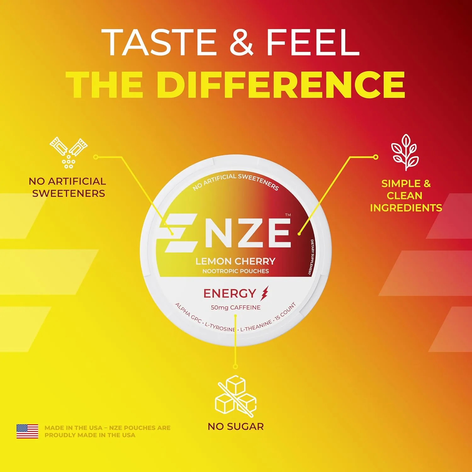 NZE Caffeine Nootropic Pouches (Lemon Cherry) - Nootropic Energy Pouches with 50mg Caffeine, Alpha GPC, L-Tyrosine & L-Theanine No Sugar or Artificial Sweeteners - Nicotine Free Pouches (5-Pack)