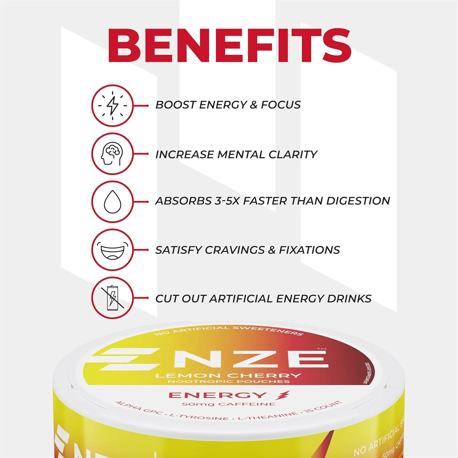 NZE Caffeine Nootropic Pouches (Lemon Cherry) - Nootropic Energy Pouches with 50mg Caffeine, Alpha GPC, L-Tyrosine & L-Theanine No Sugar or Artificial Sweeteners - Nicotine Free Pouches (5-Pack)