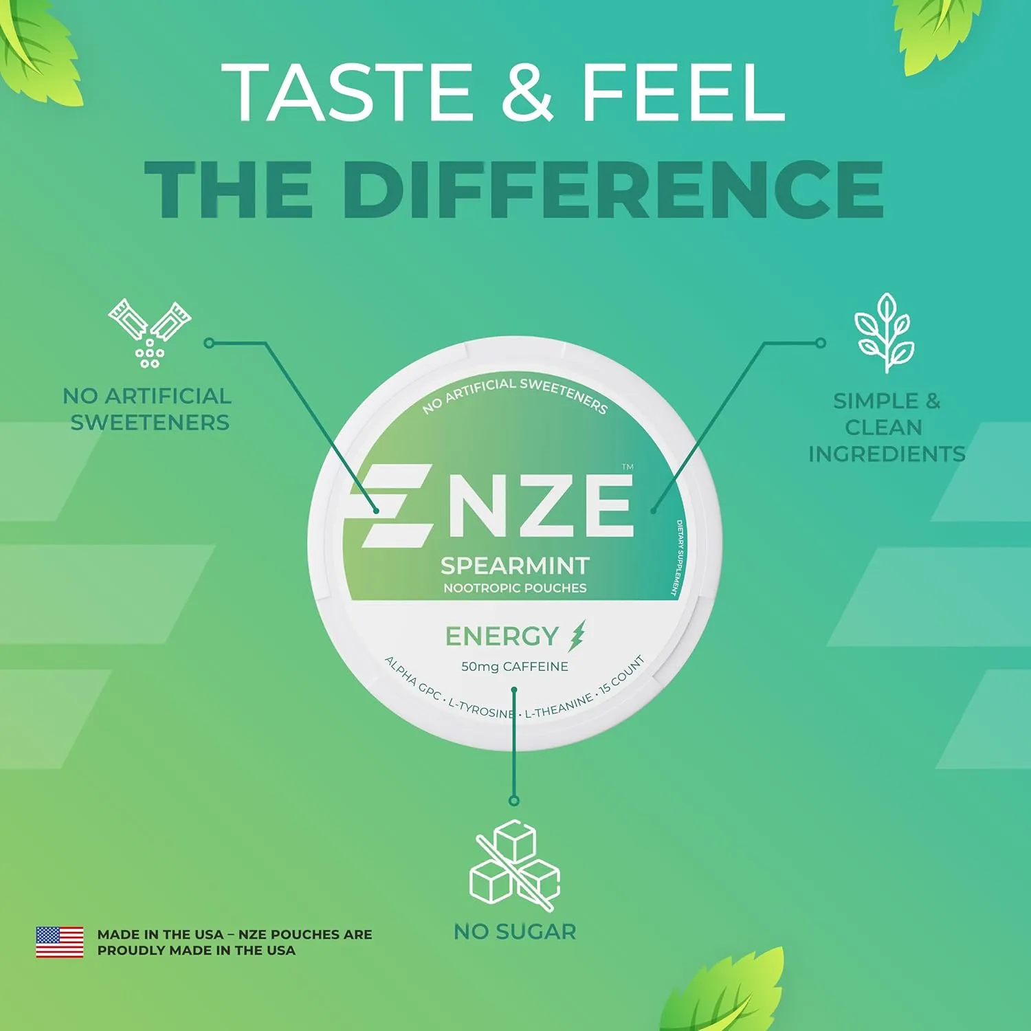 NZE Caffeine Nootropic Pouches (Spearmint) - Energy Pouches with 50mg Caffeine, Alpha GPC, L-Tyrosine & L-Theanine with No Sugar or Artificial Sweeteners - 15 Nicotine Free Pouches Per Can - 5 Pack