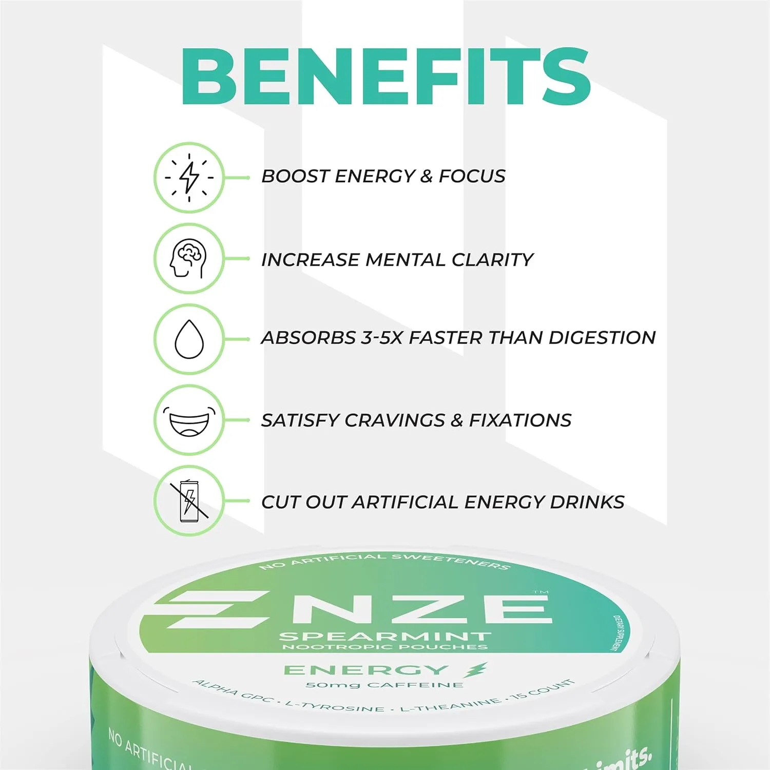 NZE Caffeine Nootropic Pouches (Spearmint) - Energy Pouches with 50mg Caffeine, Alpha GPC, L-Tyrosine & L-Theanine with No Sugar or Artificial Sweeteners - 15 Nicotine Free Pouches Per Can - 5 Pack