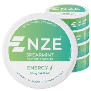 NZE Caffeine Nootropic Pouches (Spearmint) - Energy Pouches with 50mg Caffeine, Alpha GPC, L-Tyrosine & L-Theanine with No Sugar or Artificial Sweeteners - 15 Nicotine Free Pouches Per Can - 5 Pack