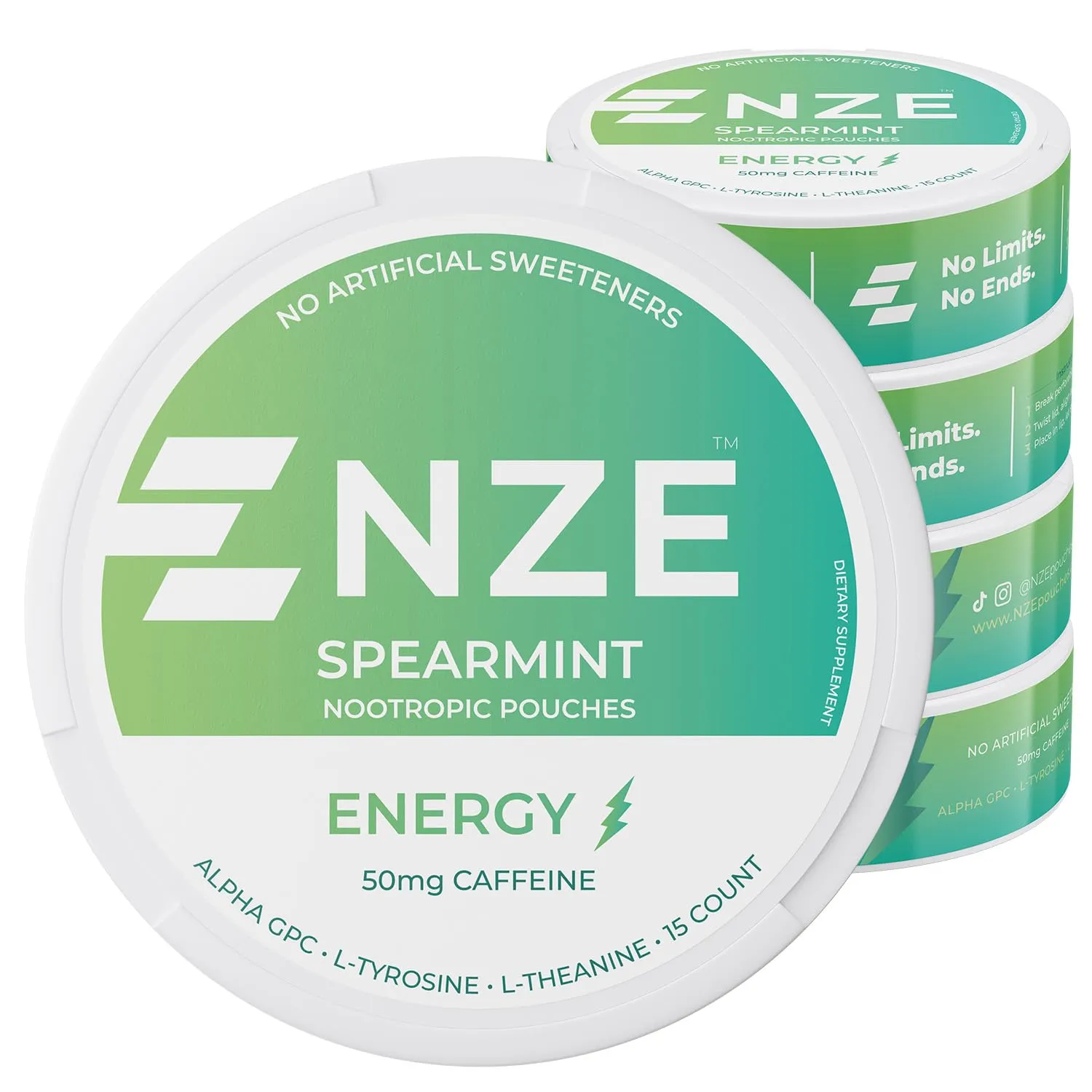 NZE Caffeine Nootropic Pouches (Spearmint) - Energy Pouches with 50mg Caffeine, Alpha GPC, L-Tyrosine & L-Theanine with No Sugar or Artificial Sweeteners - 15 Nicotine Free Pouches Per Can - 5 Pack