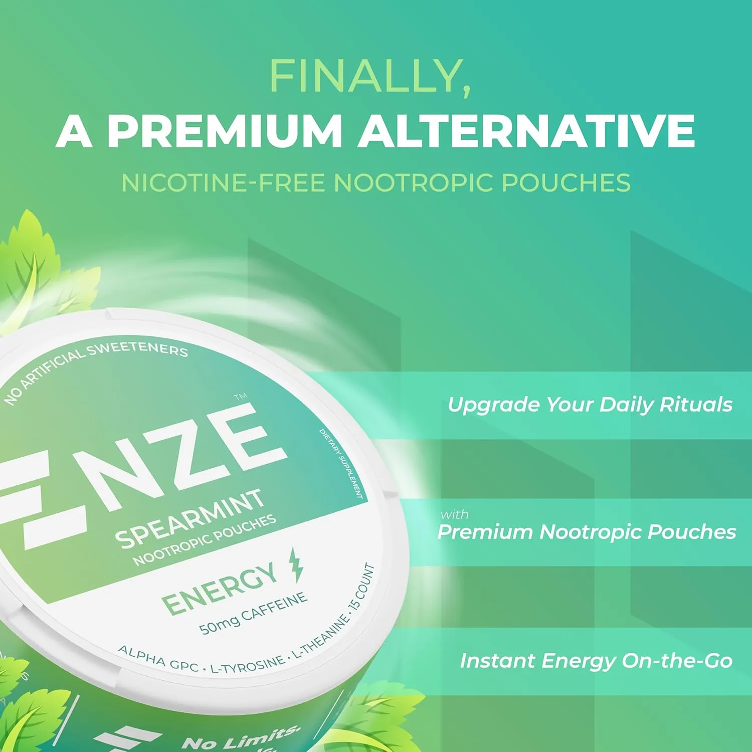 NZE Caffeine Nootropic Pouches (Spearmint) - Energy Pouches with 50mg Caffeine, Alpha GPC, L-Tyrosine & L-Theanine with No Sugar or Artificial Sweeteners - 15 Nicotine Free Pouches Per Can - 5 Pack