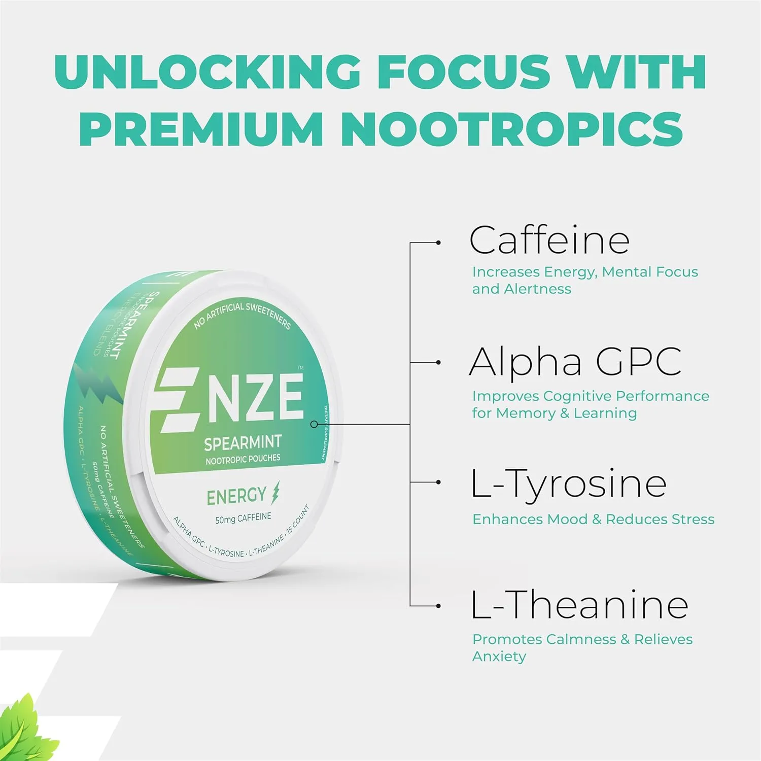 NZE Caffeine Nootropic Pouches (Spearmint) - Energy Pouches with 50mg Caffeine, Alpha GPC, L-Tyrosine & L-Theanine with No Sugar or Artificial Sweeteners - 15 Nicotine Free Pouches Per Can - 5 Pack