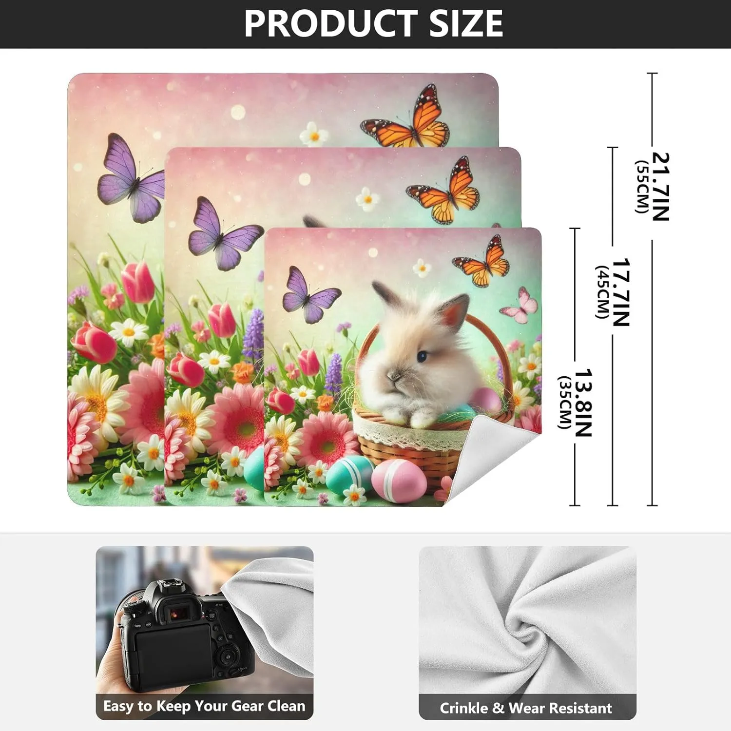 ODAWA Self Adhesive Cloth 21.7"x21.7" Easter Bunny Basket Pastel Protective Camera Lens Wrap Portable Cosmetic Bag for Travelling