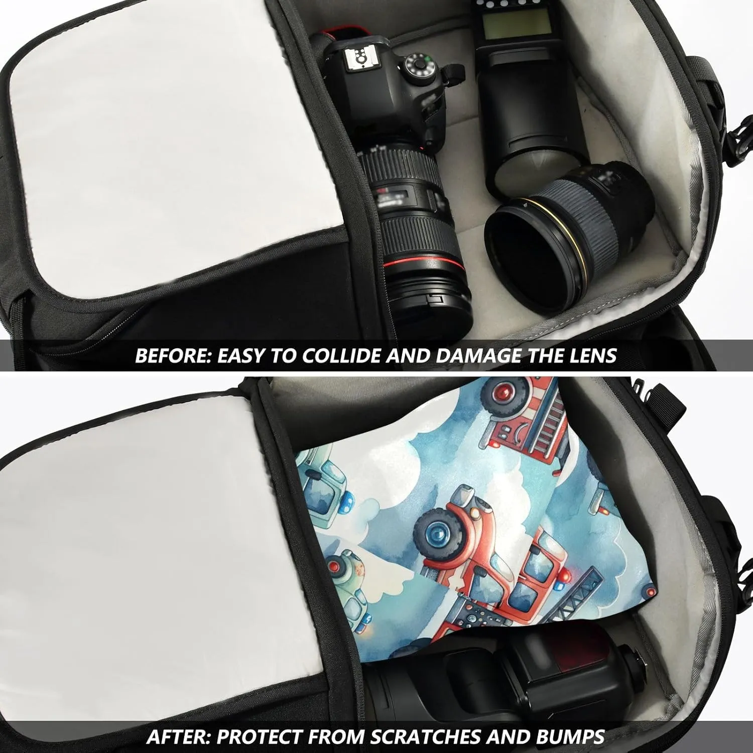 ODAWA Self-adhesive Magic Cloth Makeup Bag 21.7 In, Cute Firefighter Trucks Changeable Capacity Cosmetic Bag, Easy-Storage Magic Cloth for Camera Tablet Laptop