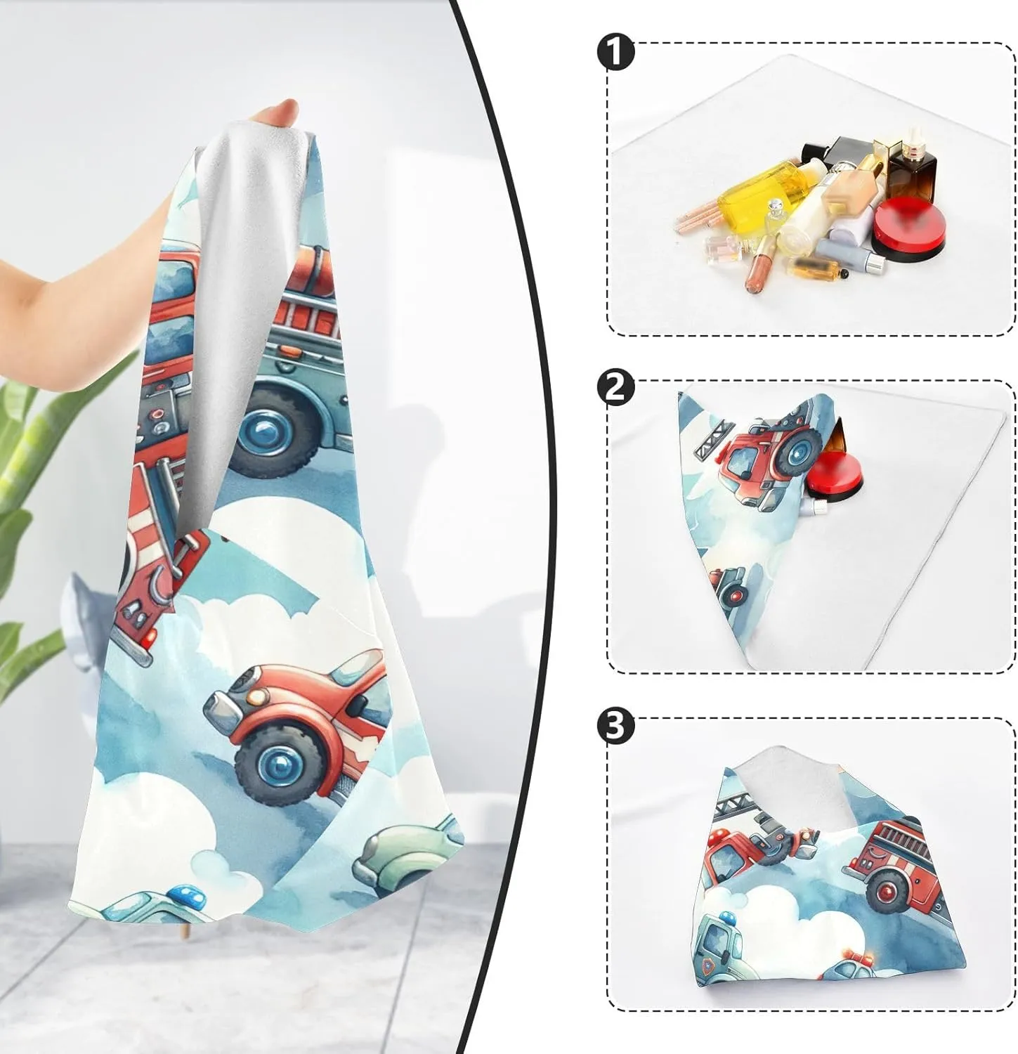 ODAWA Self-adhesive Magic Cloth Makeup Bag 21.7 In, Cute Firefighter Trucks Changeable Capacity Cosmetic Bag, Easy-Storage Magic Cloth for Camera Tablet Laptop