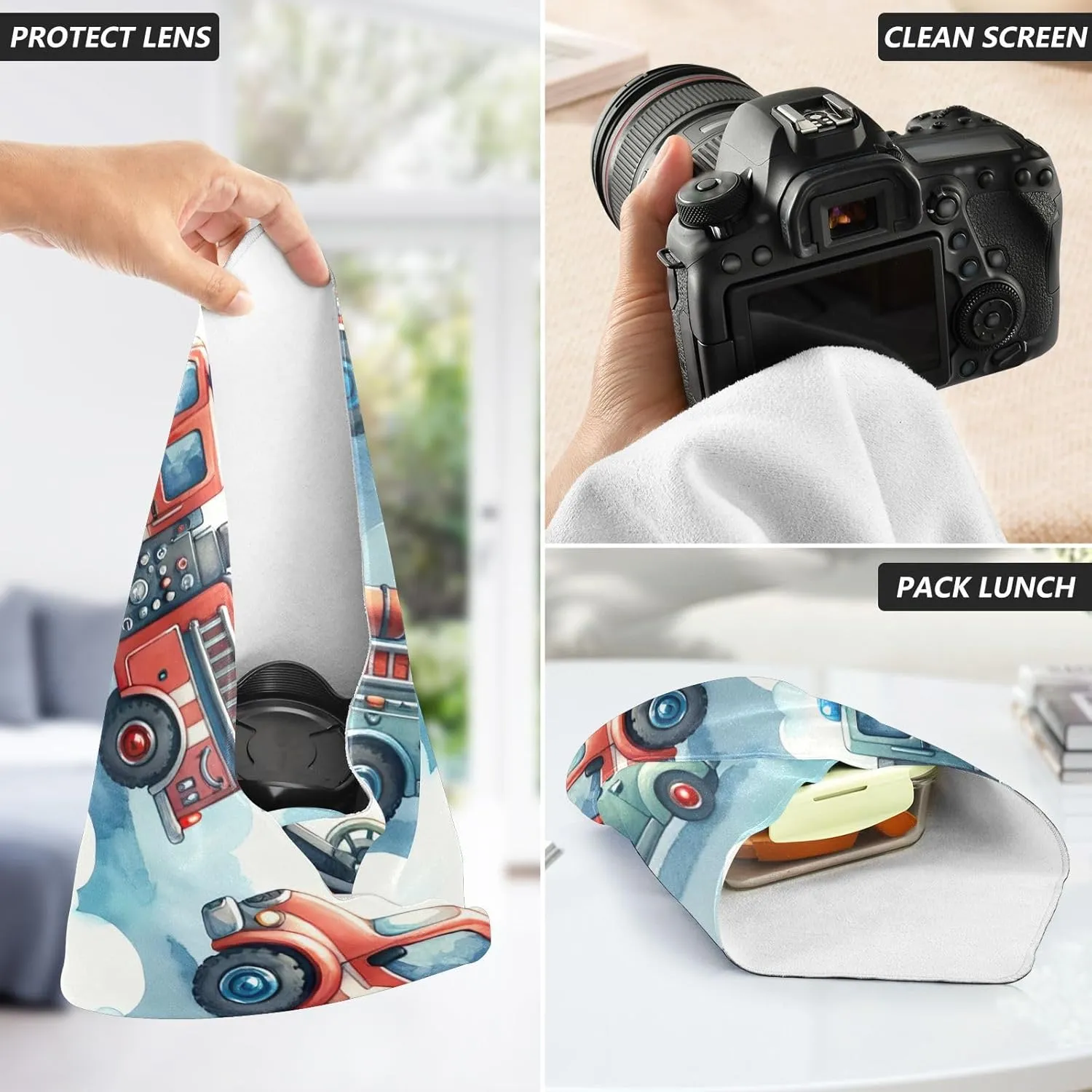 ODAWA Self-adhesive Magic Cloth Makeup Bag 21.7 In, Cute Firefighter Trucks Changeable Capacity Cosmetic Bag, Easy-Storage Magic Cloth for Camera Tablet Laptop