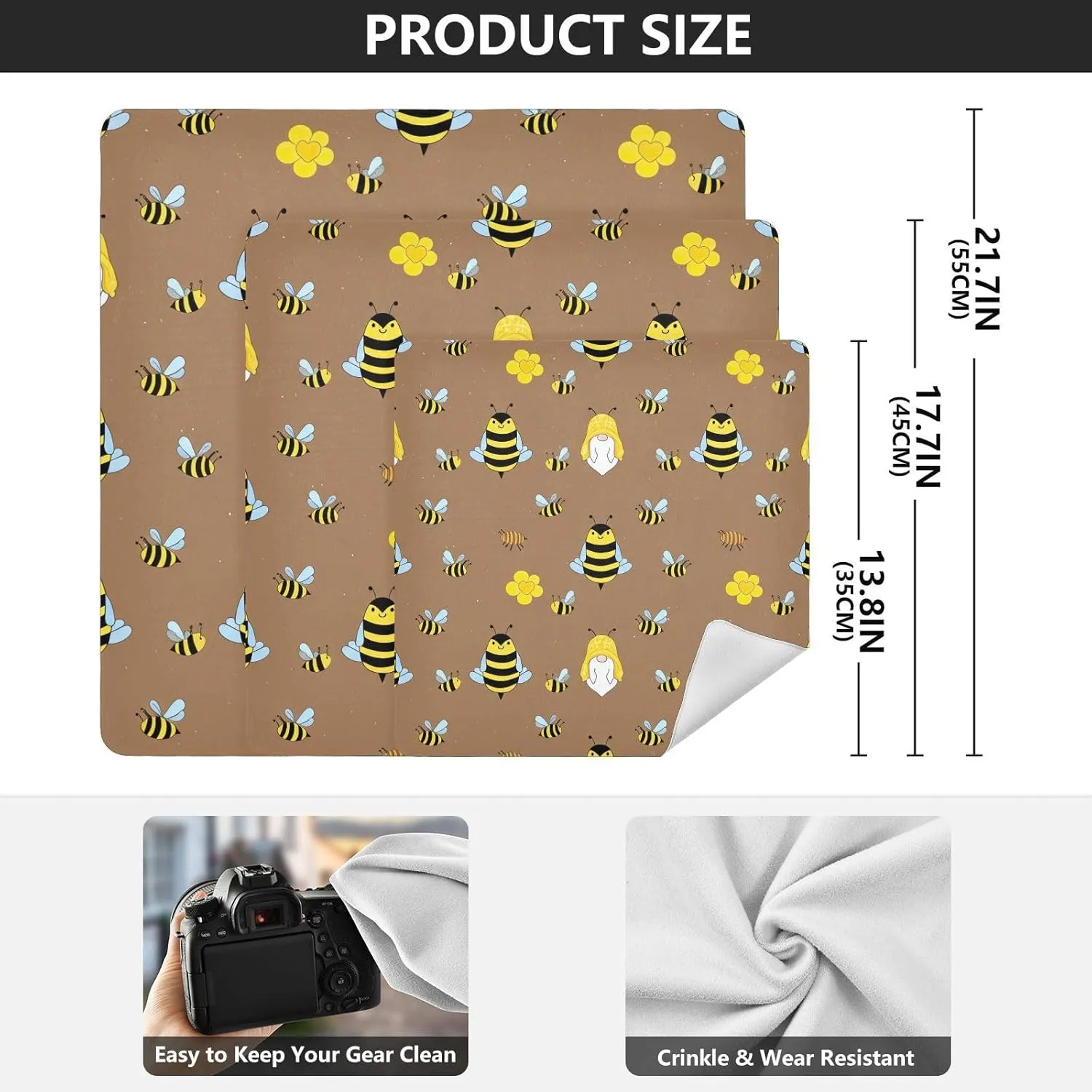 ODAWA Soft Reusable Wrap Cloth Cute Bees Self-adhesive Cloth 21.7"x21.7" Anti Scratch Equipment Wrap Storage Pouch