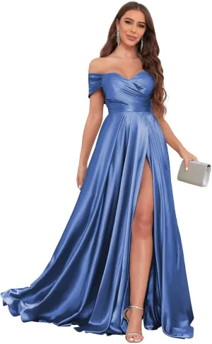 Off The Shoulder Bridesmaid Dresses for Women with Slit Satin Prom Dress Long Formal Gown