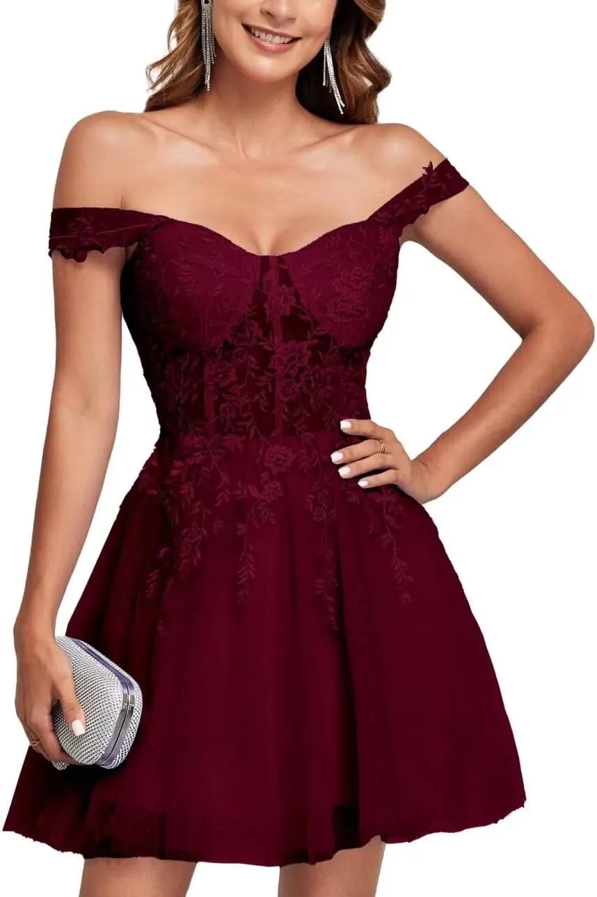 Off The Shoulder Tulle Homecoming Dresses for Teens Laces Applique Prom Dress Short Sparkly Cocktail Gowns