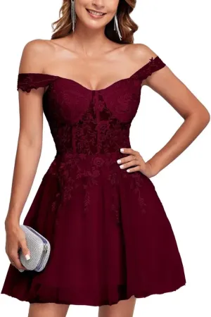 Off The Shoulder Tulle Homecoming Dresses for Teens Laces Applique Prom Dress Short Sparkly Cocktail Gowns
