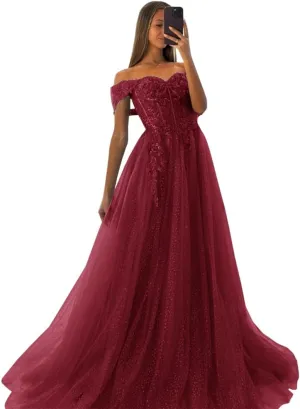 Off The Shoulder Tulle Prom Dresses 2025 Lace Applique A Line Long Sparkly Formal Evening Party Gowns