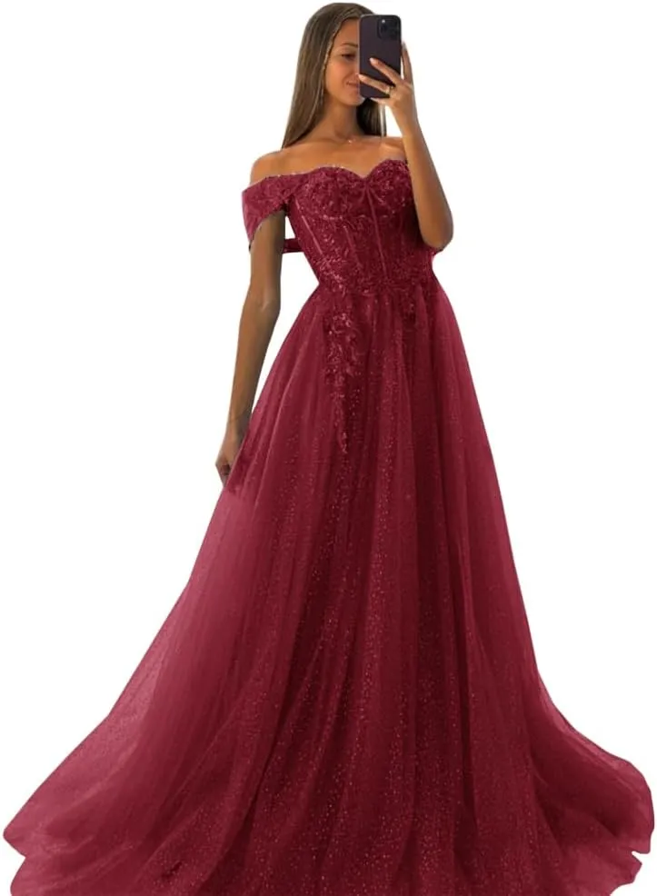 Off The Shoulder Tulle Prom Dresses 2025 Lace Applique A Line Long Sparkly Formal Evening Party Gowns