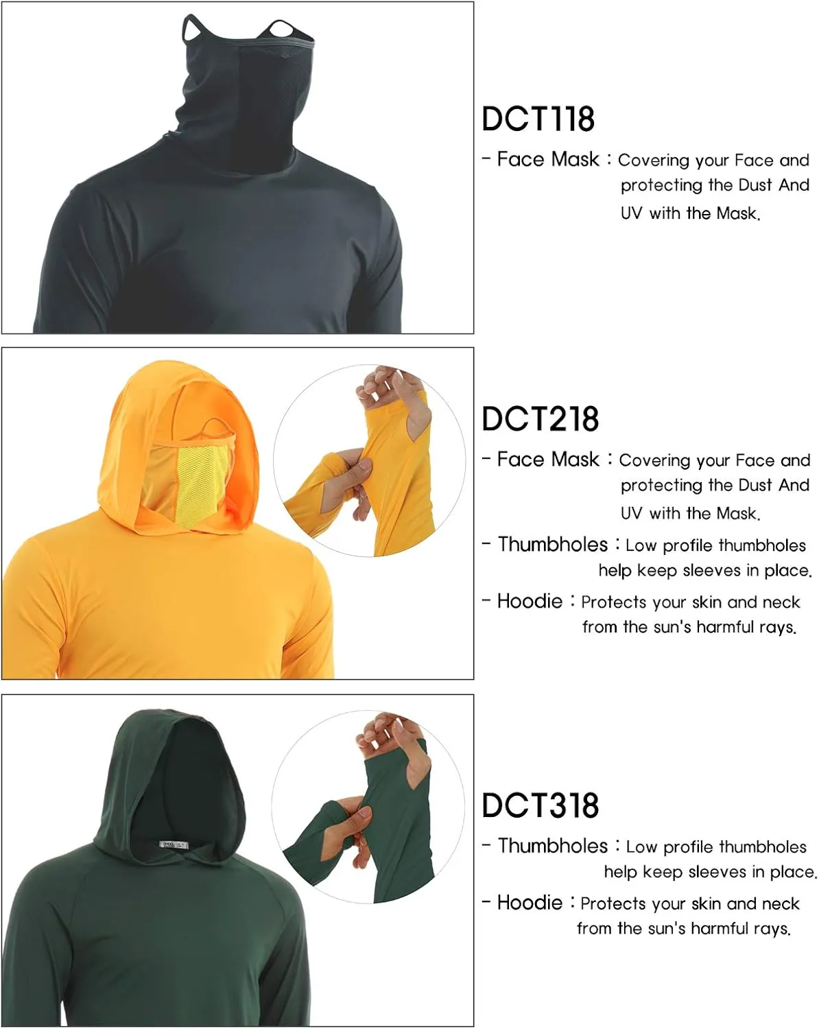 Ohoo Mens Slim Fit Long Sleeve Lightweight Cool Dry UPF 50  Sun Protection Face Mask Mock Neck Athletic Hoodie T-Shirt