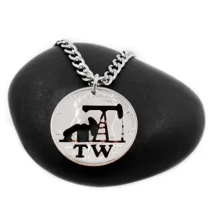 Oil Rig Necklace with Custom Initials, Pump Jack, Hand Cut Coin, By NameCoins